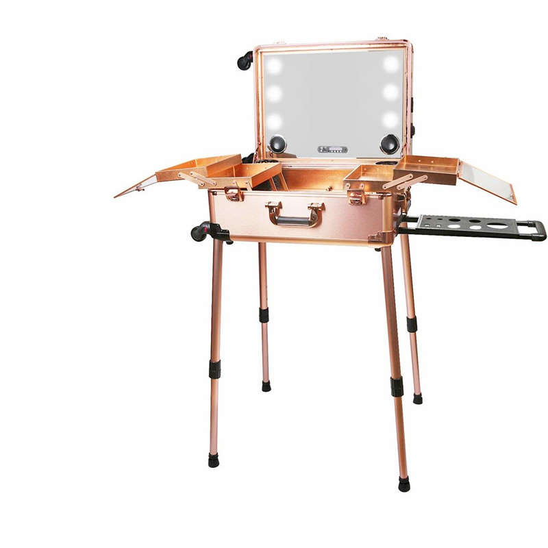 Professional Makeup Station Case Box Stand with Lights Mirror and Wheels
