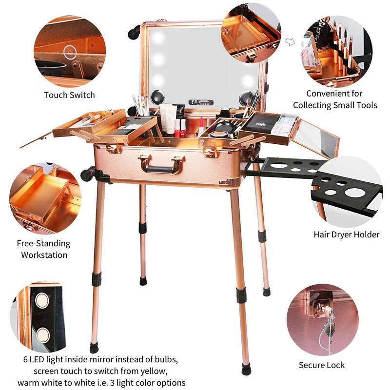 Professional Makeup Station Case Box Stand with Lights Mirror and Wheels