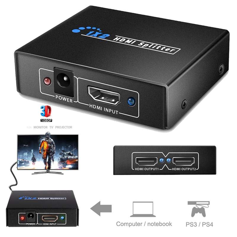 HDMI Splitter Adapter Converter 1 to 2 for HDTV, 3D, TV, PC Computer Laptop Monitor