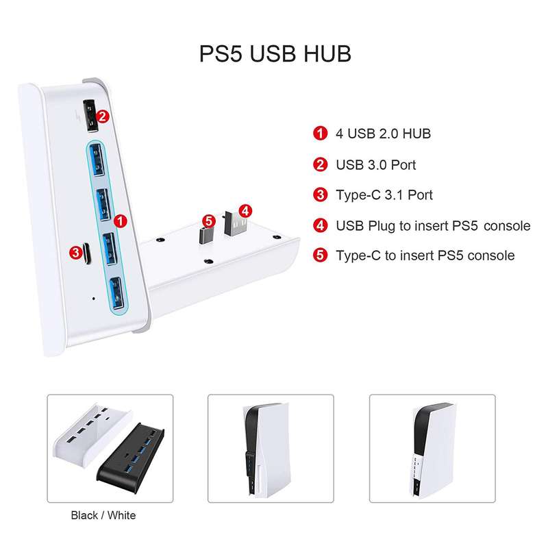 5 Port USB 3.0 HUB for PS5 Console/PS5 Digital Edition Console - Black