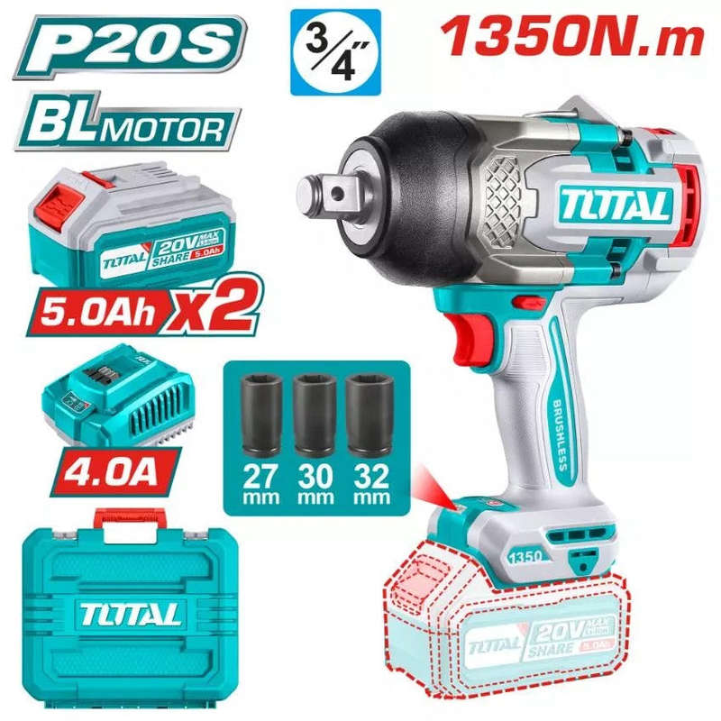 Total Cordless Impact Wrench 1/2" 1350Nm + Battery & Charger Set