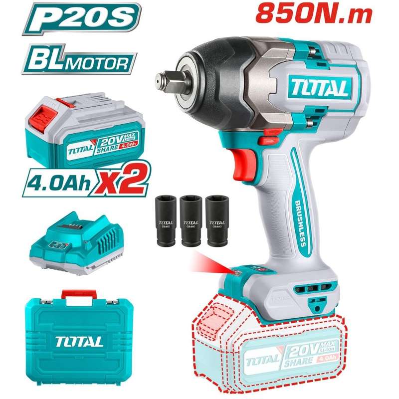 Total Cordless Impact Wrench 1/2" 850Nm + Battery & Charger Set