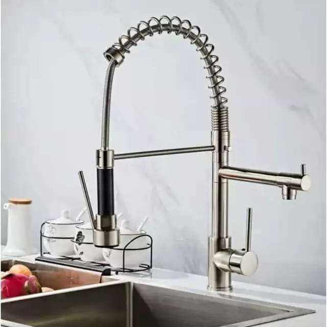 Sturdy Silver Pull Out Spring Kitchen Sink Faucet With Single Handle Water Tap