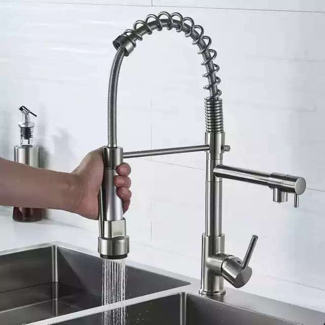Sturdy Silver Pull Out Spring Kitchen Sink Faucet With Single Handle Water Tap