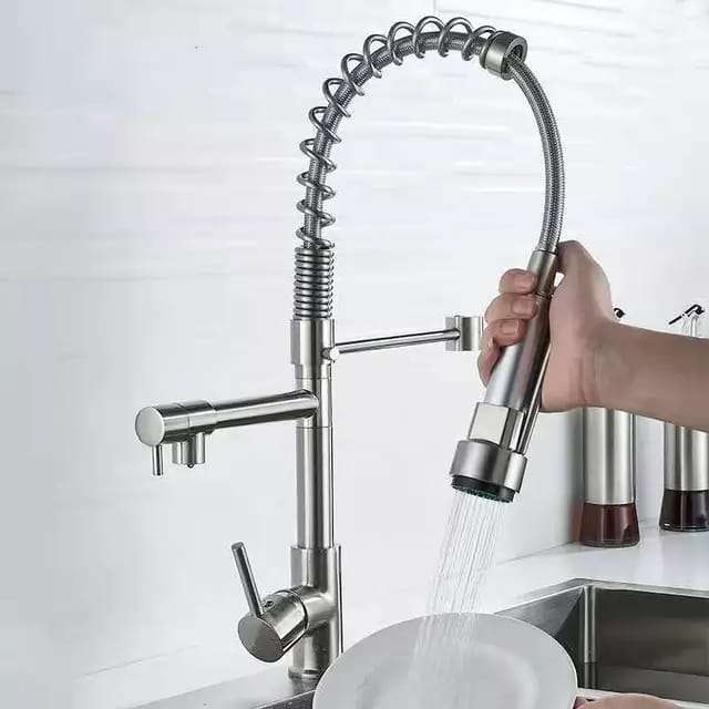 Sturdy Silver Pull Out Spring Kitchen Sink Faucet With Single Handle Water Tap