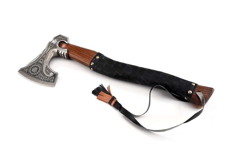 Carbon steel Viking Axe black leather wrapped handle with leather sheath