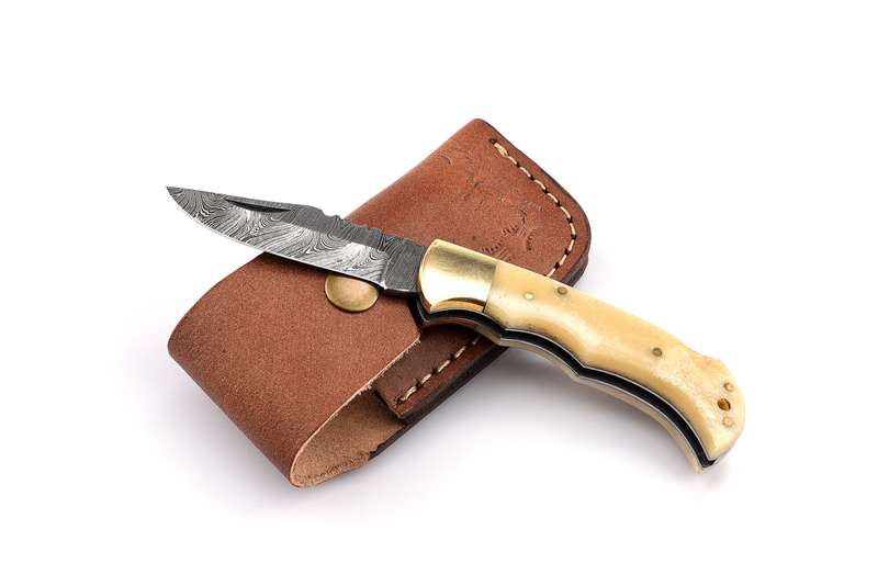 Damascus steel folder - Camel Bone