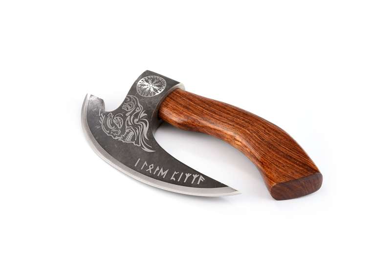 Engraved Skull Pizza Axe with leather sheath