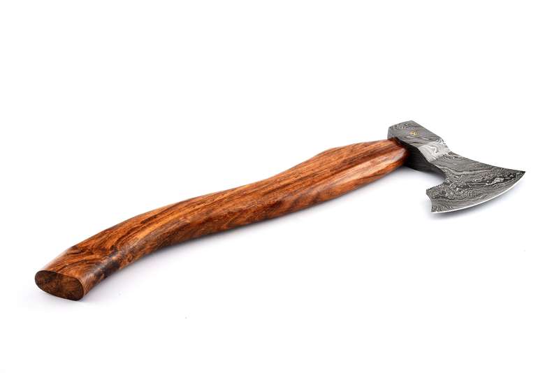 Damascus steel axe with leather sheath