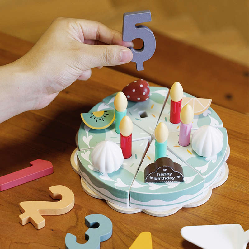 Pretend Play Happy Birthday Wooden Cake Candles Numbers Slices Knife Tray