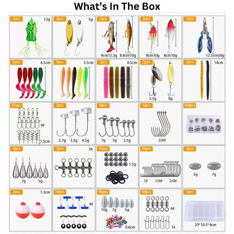 332 Piece Pro Fishing Tackle Kit Lures Baits Hooks Weights Trout Bass Sardine