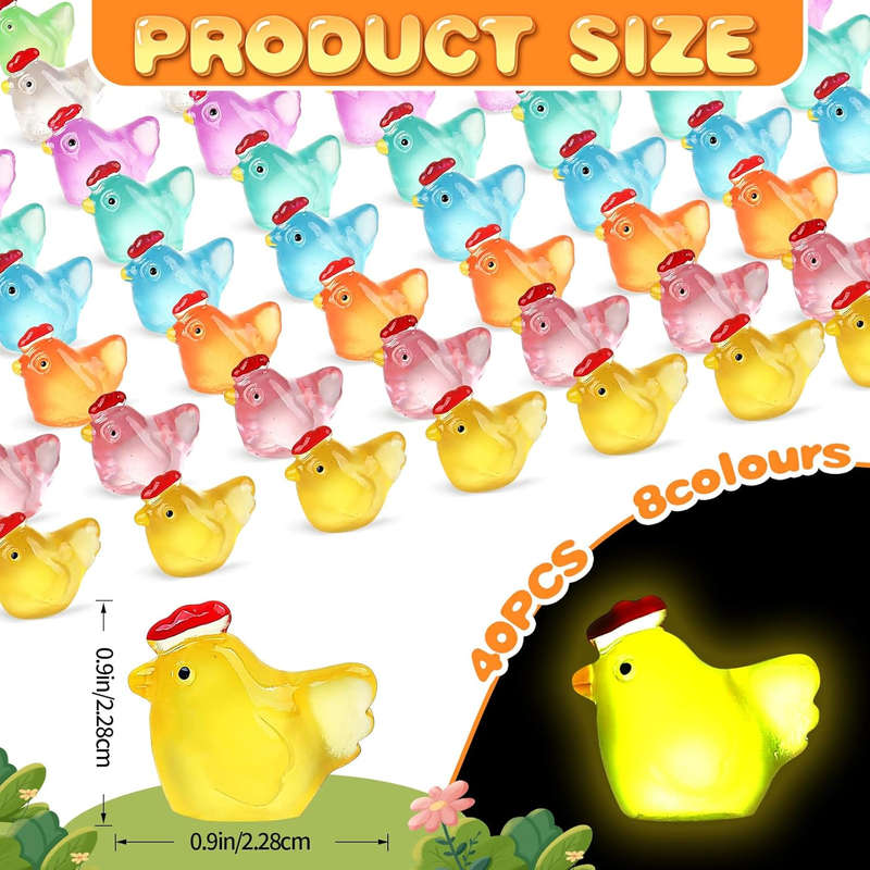 40-piece Luminous Mini Chicken Figurines Resin Miniature Animals 8 Colors