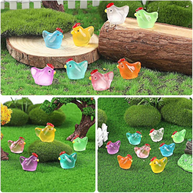 40-piece Luminous Mini Chicken Figurines Resin Miniature Animals 8 Colors