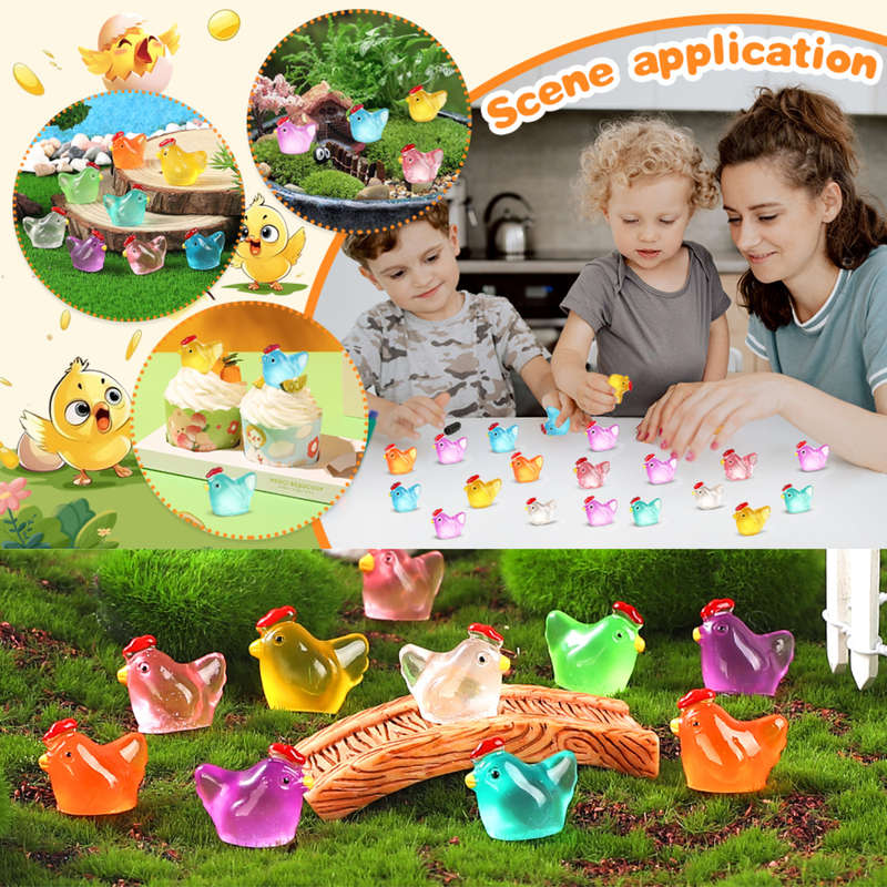 40-piece Luminous Mini Chicken Figurines Resin Miniature Animals 8 Colors
