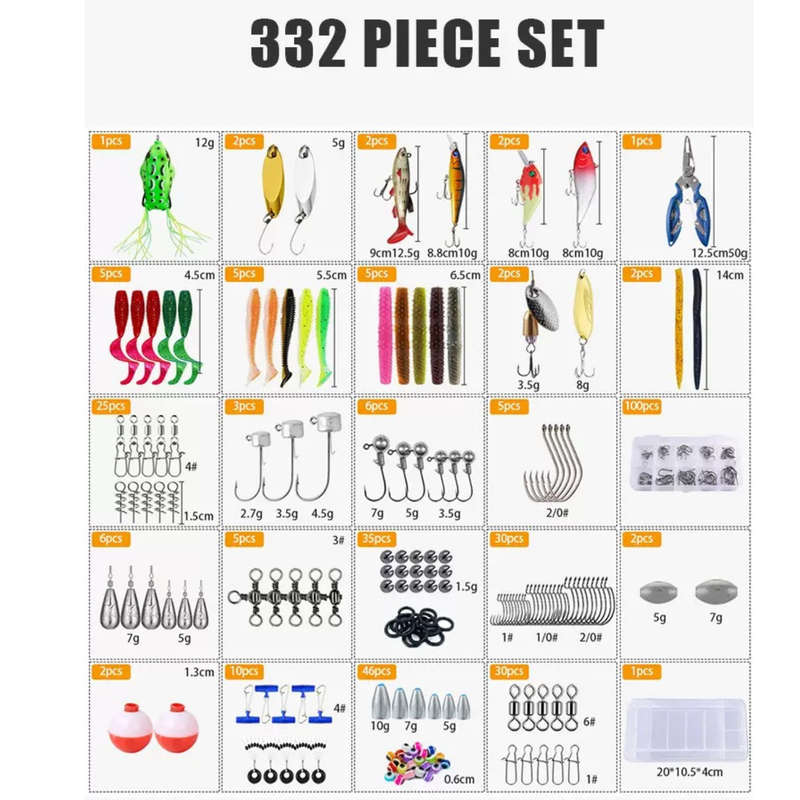 332 Piece Pro Fishing Tackle Kit Lures Baits Hooks Weights Trout Bass Sardine