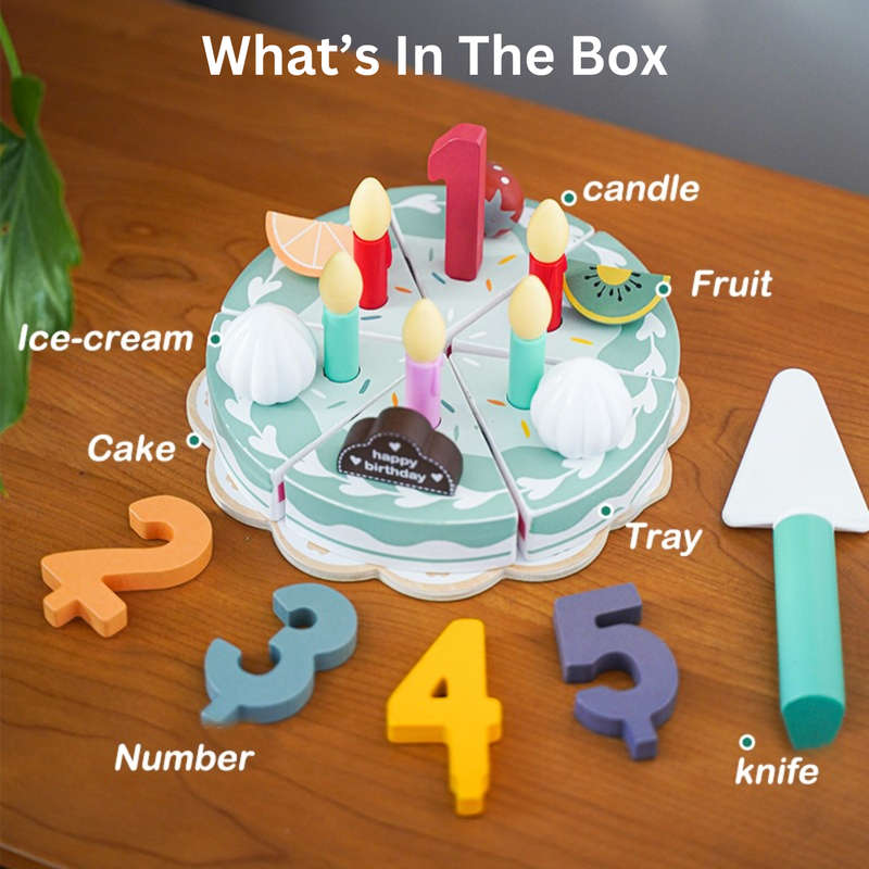 Pretend Play Happy Birthday Wooden Cake Candles Numbers Slices Knife Tray