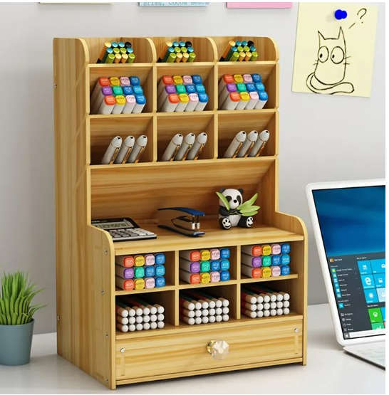 Wooden Stationery Organizer Box - 17 Compartments