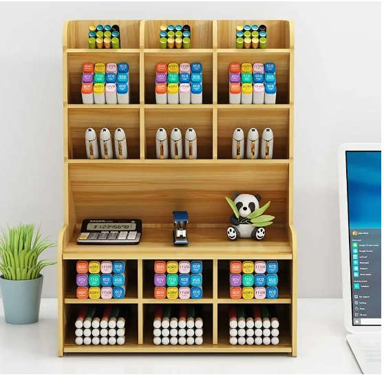 Wooden Stationery Organizer Box - 17 Compartments