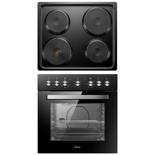 Hisense 60cm Hob and Oven, 4 x Plate Burners, Black Finish, Double-Layer Glass Door -HBO60203