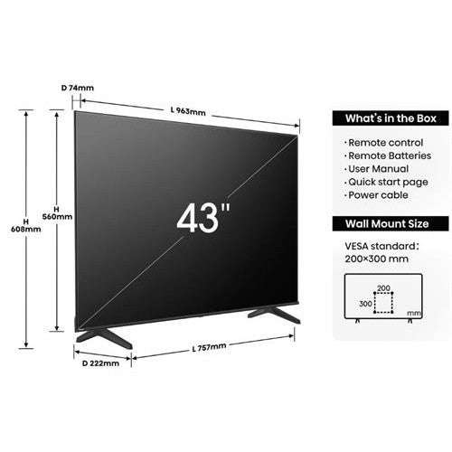 Hisense 43" A6N Series 4K UHD Vidaa Smart TV with Dolby Vision & Game Mode Plus