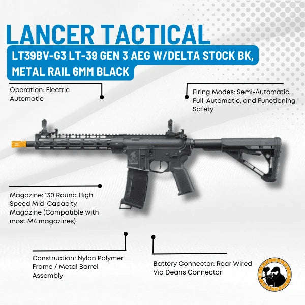 Lancer Tactical LT39BV-G3 LT-39 GEN 3 AEG W/Delta Stock BK, Metal Rail 6mm Black Airsoft Rifle
