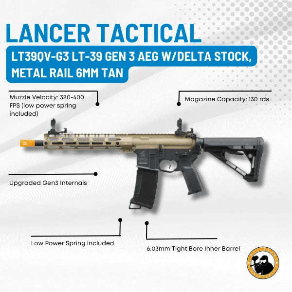 Lancer Tactical LT39QV-G3 LT-39 GEN 3 AEG W/Delta Stock, Metal Rail 6mm Tan Airsoft Rifle