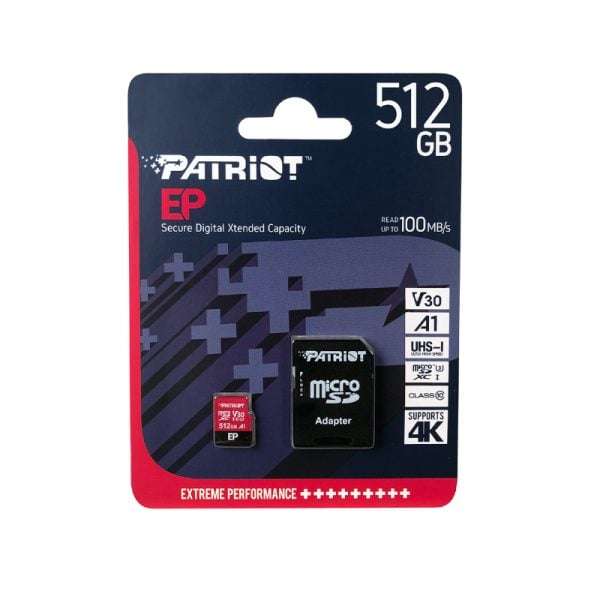 Patriot EP V30 A1 512GB Micro SDXC Card + Adapter - High-Capacity Storage for 4K Video and Mobile...