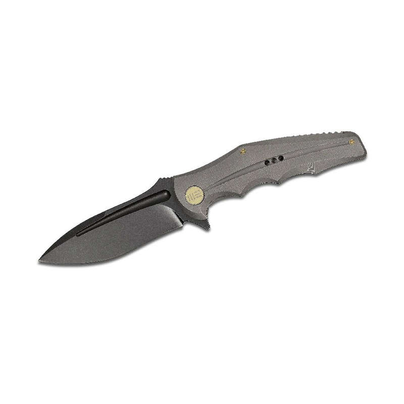 We Knife 608E Grey Handle, Drop Point Black Stonewash Blade Knife