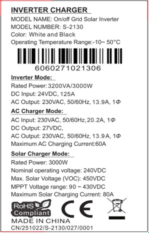 Hybrid Inverter MPPT 3.2 KVA / 3000 W 24V Sun Solar