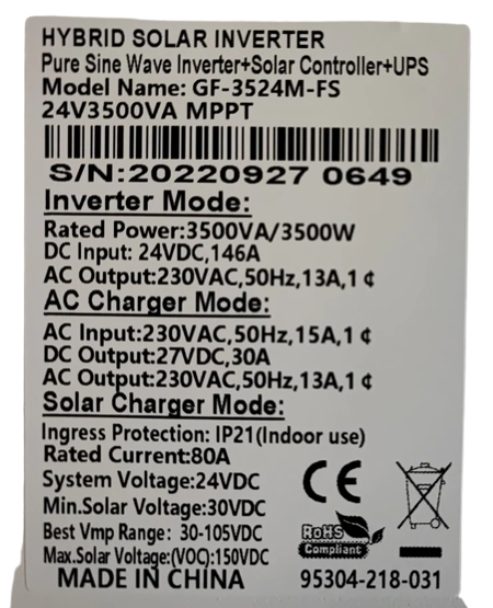 Hybrid Inverter 24V 3.5 KVA 3500 VA 80A MPT Inverter Pure Sine Wave Fivestar