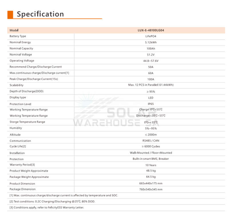 Felicity Solar 48V 5.12Kwh Lithium Battery IP65 LUX-E-48100LG04 (10 Years Warranty)