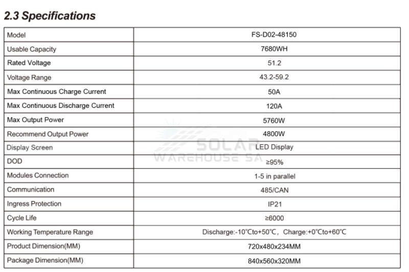 Fivestar 51.2V 150AH 7.68Kwh Lithium Battery LiFePO4 (FS D02)