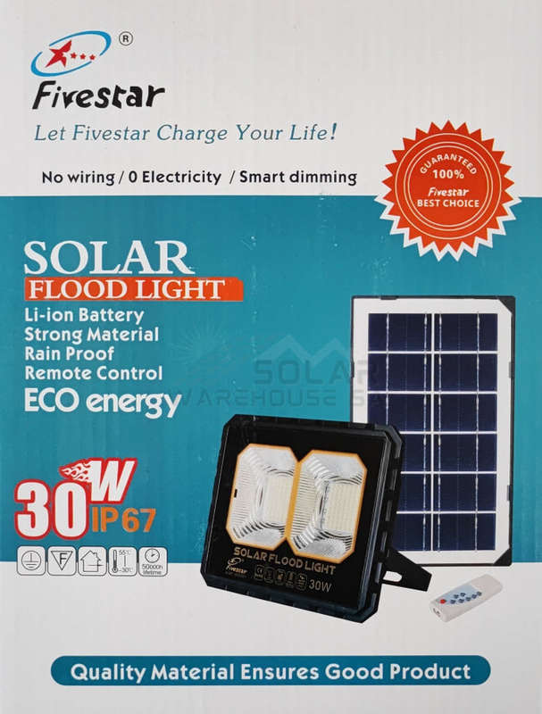 Fivestar Solar Remote Dual Led Flood Light 30W