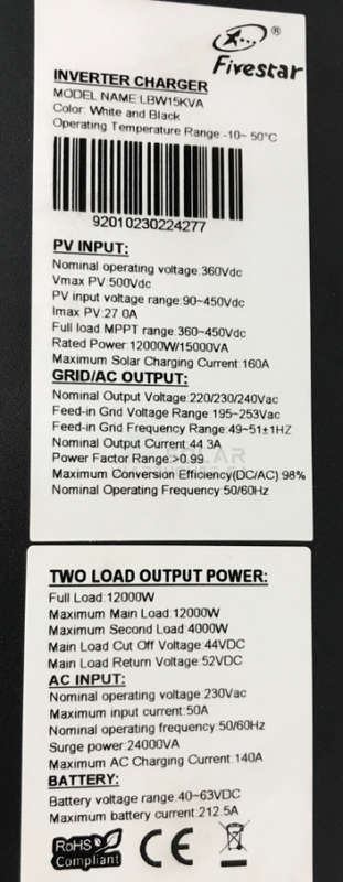 Hybrid Inverter 48V 15KVA / 12KW MPPT Hybrid Inverter Fivestar