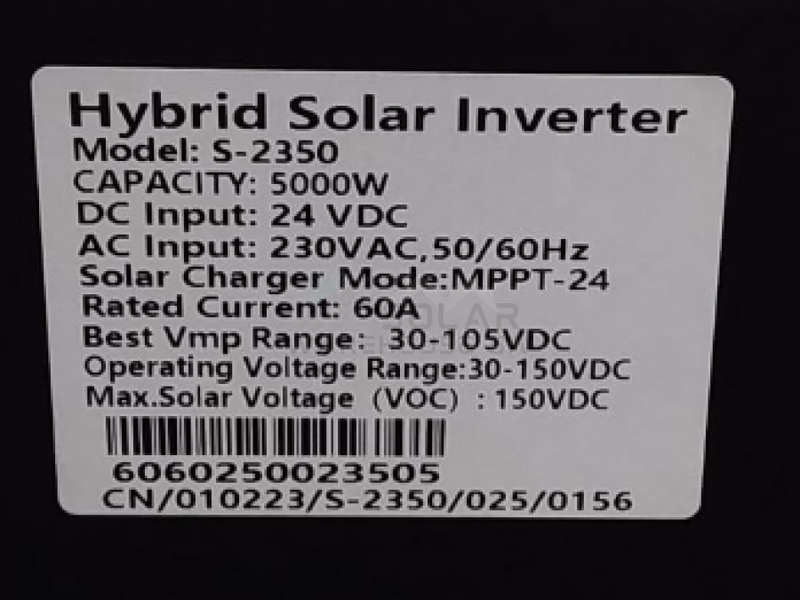 Hybrid Inverter 5KVA 5000W MPPT 24V -Sun Solar S-2350 German Tech