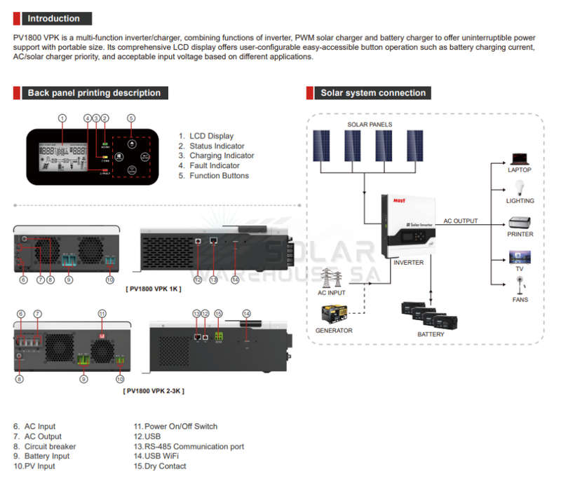 Must 3kw 60Amp 24v PWM Solar Hybrid Inverter PV1800 VPK