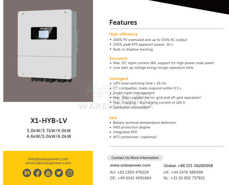 SolaX Inverter X1 HYBRID LV 6kw 48V