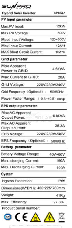 Sunpro Hybrid Solar Inverter Single Phase MPPT Parralel 8.8KW Hybrid Inverter