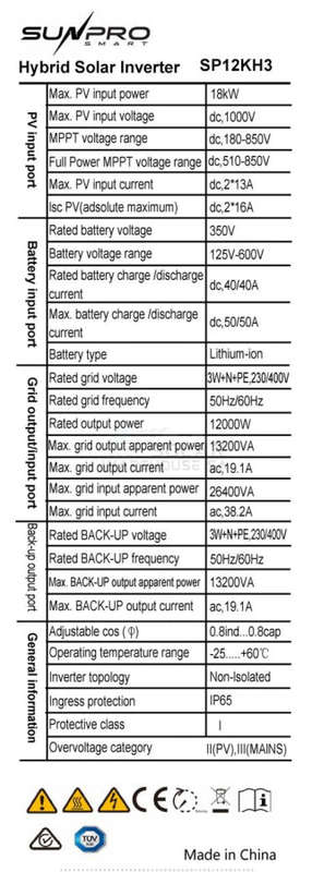 Sunpro Hybrid Solar Inverter Three Phase MPPT Parralel 12KW Hybrid Inverter (High Voltage)