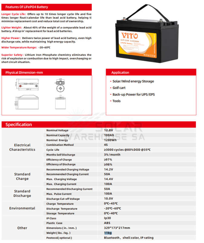Vito 12v 100AH 1.28kWh Lithium Battery LifeP04 Battery