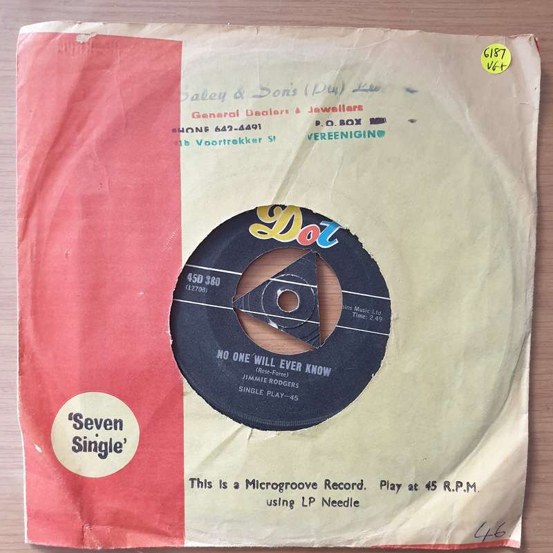 Jimmie Rodgers  No One Will Ever Know - Vinyl 7" Record - Very-Good+ Quality (VG+) (verygoodpl...