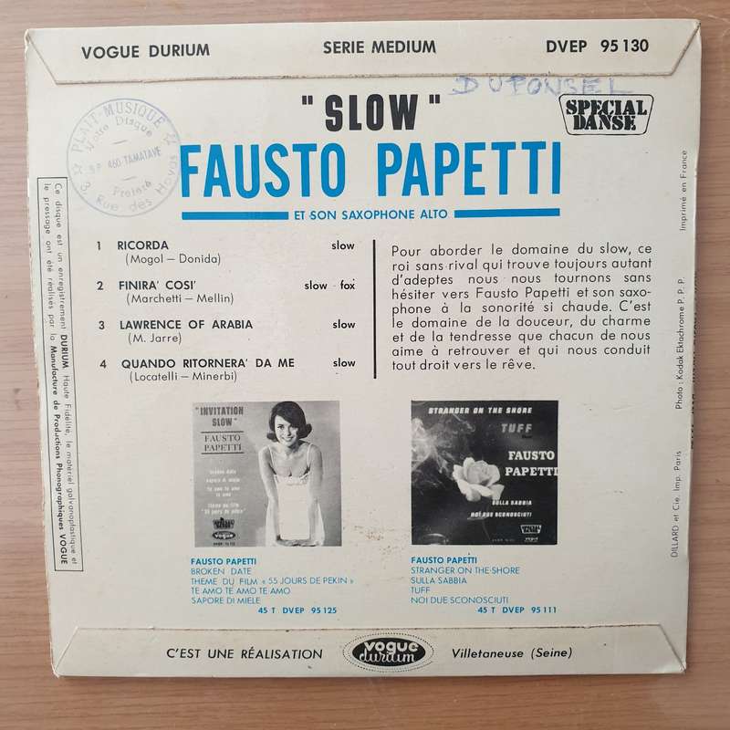 Fausto Papetti Et Son Saxophone Alto  Slow - Vinyl 7" Record - Very-Good+ Quality (VG+) (veryg...