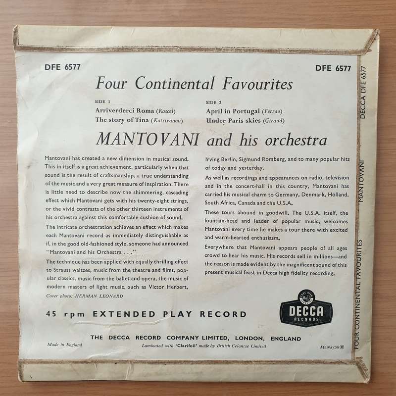 Mantovani And His Orchestra  Four Continental Favourites - Vinyl 7" Record - Very-Good Quality...