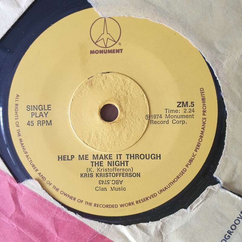 Kris Kristofferson  Help Me Make It Through The Night - Vinyl 7" Record - Very-Good+ Quality (...