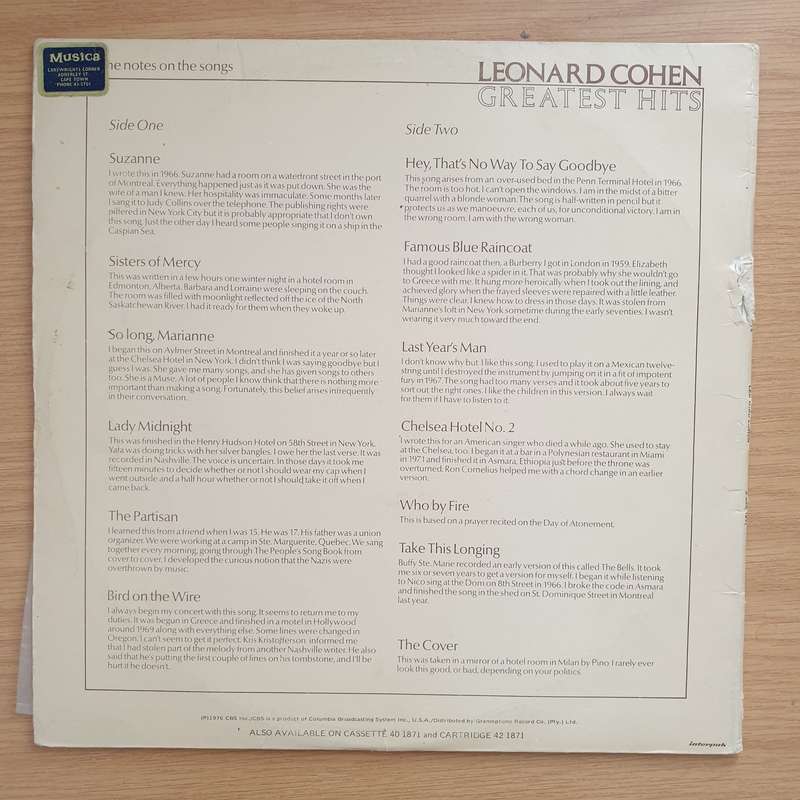 Leonard Cohen  Greatest Hits  Vinyl LP Record - Very-Good+ Quality (VG+) (verygoodplus)