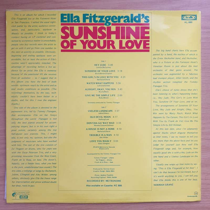 Ella Fitzgerald  Sunshine Of Your Love - Vinyl LP Record - Very-Good+ Quality (VG+) (verygoodp...