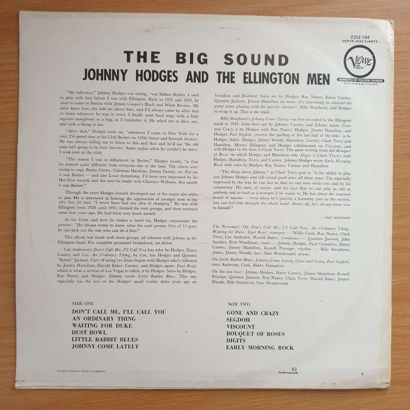 Johnny Hodges And The Ellington Men  The Big Sound - Vinyl LP Record - Very-Good+ Quality (VG+...