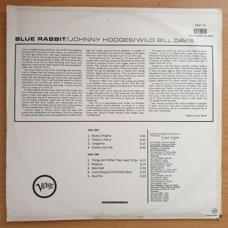 Johnny Hodges - Wild Bill Davis  Blue Rabbit - Vinyl LP Record - Very-Good+ Quality (VG+) (ver...