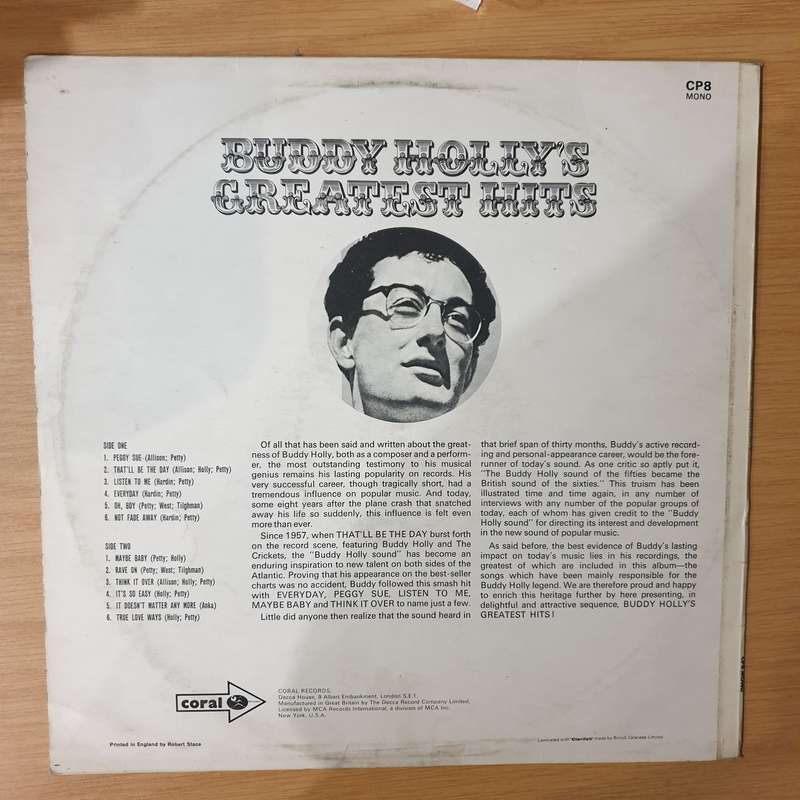 Buddy Hollys Greatest Hits - Vinyl LP Record - Very-Good Quality (VG) (verry)
