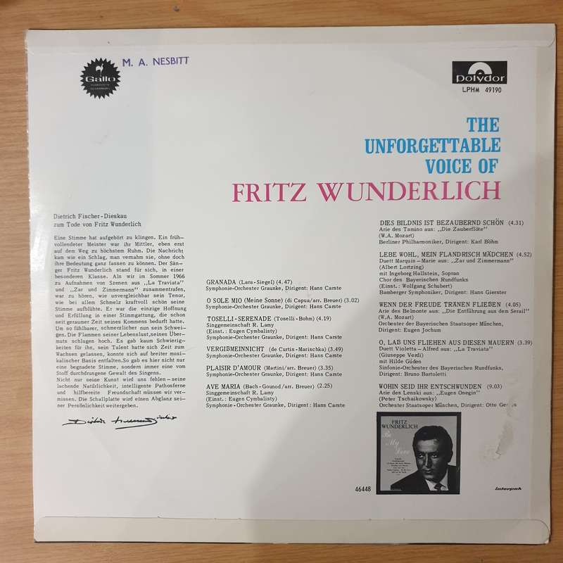 Fritz Wunderlich - The Unforgettable Voice of - Vinyl LP Record - Very-Good+ Quality (VG+) (veryg...